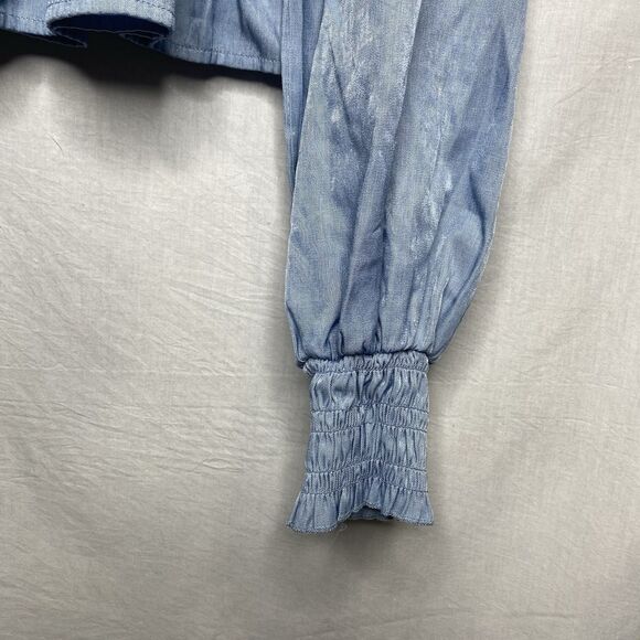 CANDIES Blouse Smocked Long Sleeve Off Shoulder Shimmer Top Womens L Light Blue - Picture 9 of 12